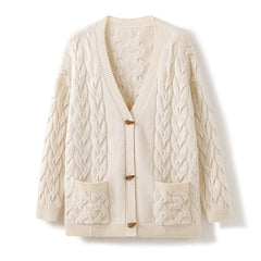 100% Cashmere Cable Knit V-Neck Button Front Loose Cardigan
