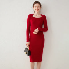 Square Neck Slim Ribbed Knit Bodycon Midi Sweater Dress