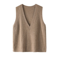 Deep V-Neck Ribbed Knit Pullover Cashmere Sweater Vest