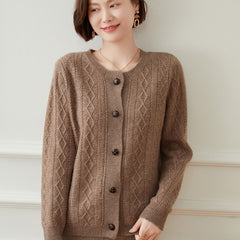 Crew Neck Button Twisted Cashmere Cable Knit Cardigan Sweater