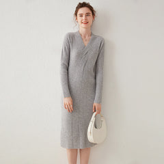 Cashmere Jumper V-Neck Twisted Striped Wool Ribbed Sweater Dress