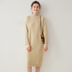 Wool Cashmere Mock Neck Casual Cable Knit Sweater Midi Dress