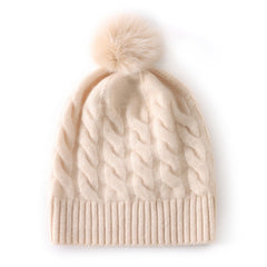 Cashmere Beanie Fur Pom  Pom Cable Knit Beanie Hat
