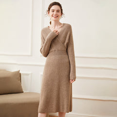 V-Neck Ribbed Cashmere Blend Dress Wrap Pullover Knit Dress
