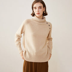 Asymmetric Button Detail Knit Cashmere Turtleneck Sweater