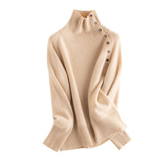 Asymmetric Button Detail Knit Cashmere Turtleneck Sweater