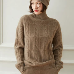 Women's Cable Knit Pullover Turtleneck Twisted Flower Sweater
