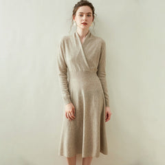 V-neck Midi A-line Cashmere Wrap-up Crossover Waist-length Dress