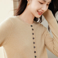 Cashmere Crew Neck Waist Slit Button-Up Cardigan Knit Sweater