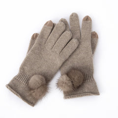 Cashmere Touchscreen Mittens Fur Gloves with Pom Pom
