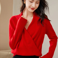 V-Neck Knitted Pullover Cashmere Wrap Sweater with Draped Front