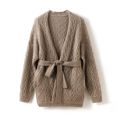 Open Front Cashmere Belted Cable Knit Wrap Tie Waist Cardigan
