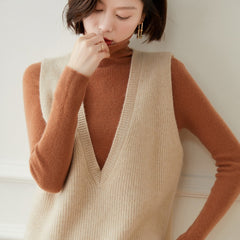 Deep V-Neck Ribbed Knit Pullover Cashmere Sweater Vest