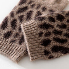 Cashmere Knit Half Finger Leopard Print Fingerless Gloves