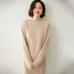 Cashmere Cable Knit Mock Neck Pullover Sweater with Ribbed Trim