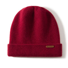 100% Cashmere Ribbed Knitted Beanie Cuffed Hat with Logo Patch