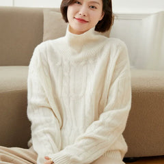 Women's Cable Knit Pullover Turtleneck Twisted Flower Sweater