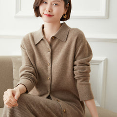 Polo Collar Button Lapel Knitted Cashmere Sweater Cardigan