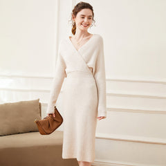 V-Neck Ribbed Cashmere Blend Dress Wrap Pullover Knit Dress
