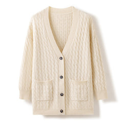 V-Neck Loose Coat 100% Cashmere Cable Knit Cardigan with Button