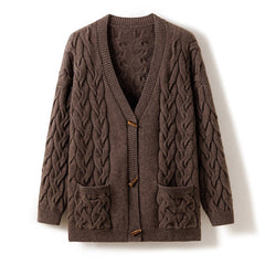 100% Cashmere Cable Knit V-Neck Button Front Loose Cardigan