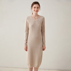 Slim V-Neck Cashmere Long Skirt Loose Knitted Midi Dress