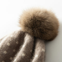 Fair Isle Cashmere Beanie with Fur Pom Pom Soft Warm Knitted Cap