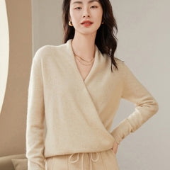 V-Neck Knitted Pullover Cashmere Wrap Sweater with Draped Front