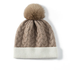 Cashmere Knitted Thicken Chunky Cable Beanie Hat with Fur Pom Pom
