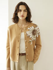 Crew Neck Floral Button-Up Embroidered Knitted Sweater Cardigan