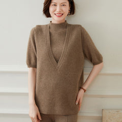 Deep V-Neck Ribbed Knit Pullover Cashmere Sweater Vest