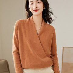 V-Neck Knitted Pullover Cashmere Wrap Sweater with Draped Front