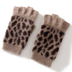 Cashmere Knit Half Finger Leopard Print Fingerless Gloves