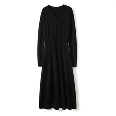 V-Neck Cashmere Knitted Dress Pullover Waist Jumpers Ribbed Skirt