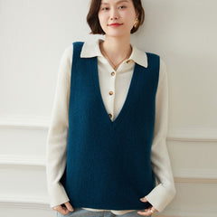 Deep V-Neck Ribbed Knit Pullover Cashmere Sweater Vest