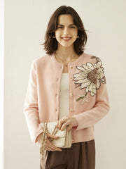 Crew Neck Floral Button-Up Embroidered Knitted Sweater Cardigan