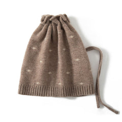 Soft Dot Pattern Pure Cashmere Knit Cap with Drawstring