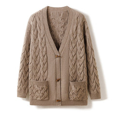 100% Cashmere Cable Knit V-Neck Button Front Loose Cardigan