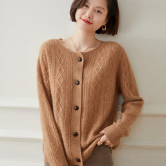 Crew Neck Button Twisted Cashmere Cable Knit Cardigan Sweater