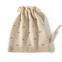 Soft Dot Pattern Pure Cashmere Knit Cap with Drawstring