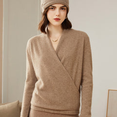 V-Neck Knit Wrap-Front Crossover Pullover Pure Cashmere Sweater