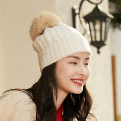 Cashmere Stretchy Cable Knit Beanie with Real Fur Pom Ski Hat