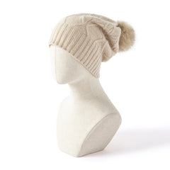 Pure Cashmere Cable Knit Beanie Hats With Fur Pom Pom Ski Cap
