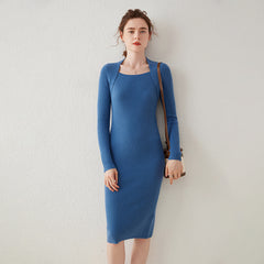 Square Neck Slim Ribbed Knit Bodycon Midi Sweater Dress
