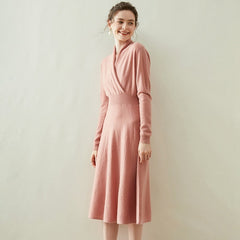 V-neck Midi A-line Cashmere Wrap-up Crossover Waist-length Dress