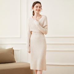 V-Neck Ribbed Cashmere Blend Dress Wrap Pullover Knit Dress