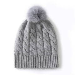 Cashmere Beanie Fur Pom  Pom Cable Knit Beanie Hat