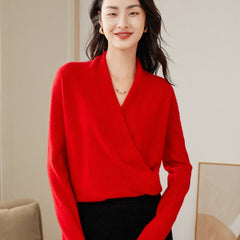 V-Neck Knitted Pullover Cashmere Wrap Sweater with Draped Front