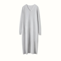 Slim V-Neck Cashmere Long Skirt Loose Knitted Midi Dress