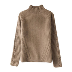 Ribbed Cashmere Mock Neck High Neck Pullover Loose Sweater